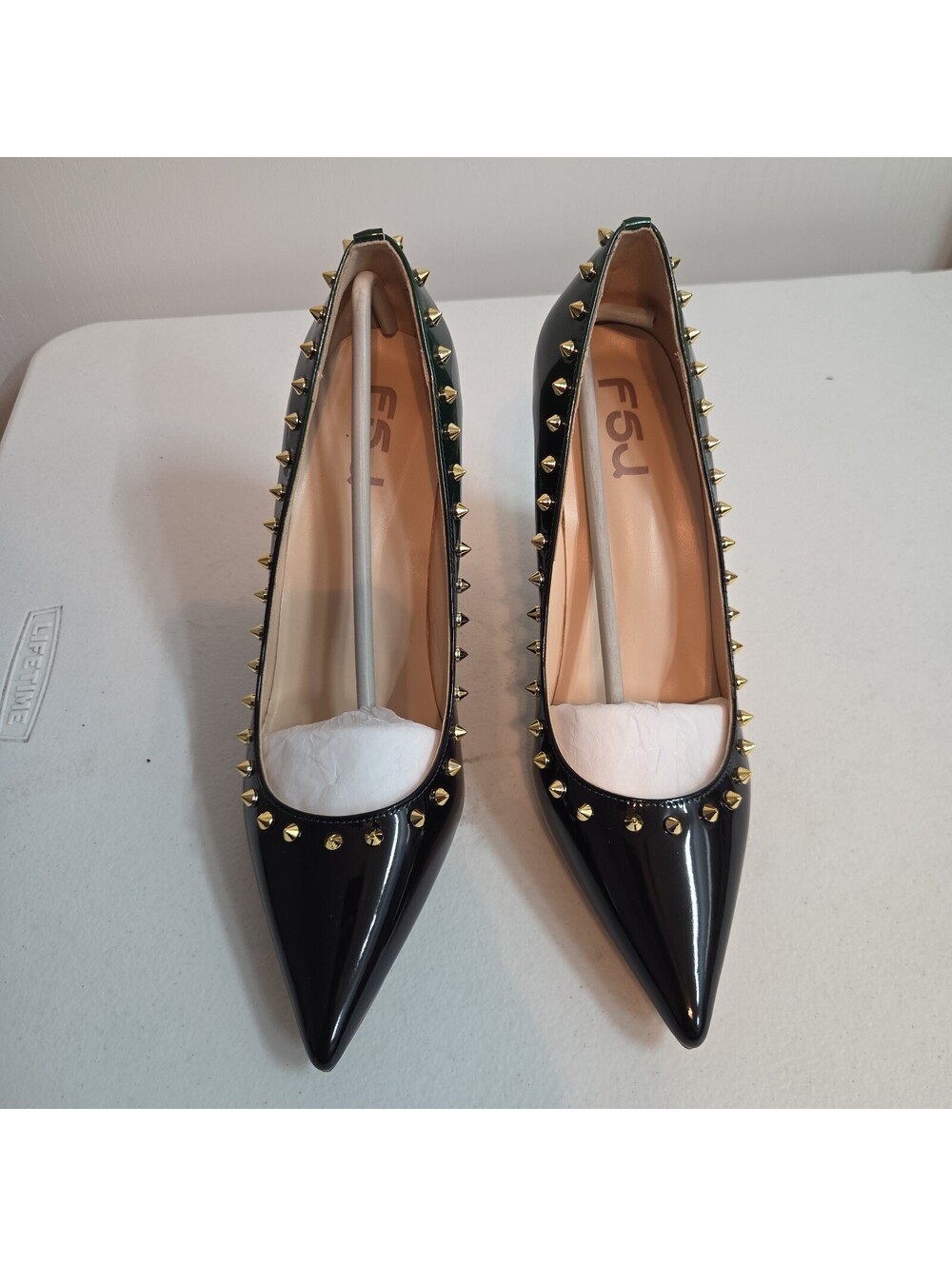 women's black patent leather studded pumps by FSJ size 10